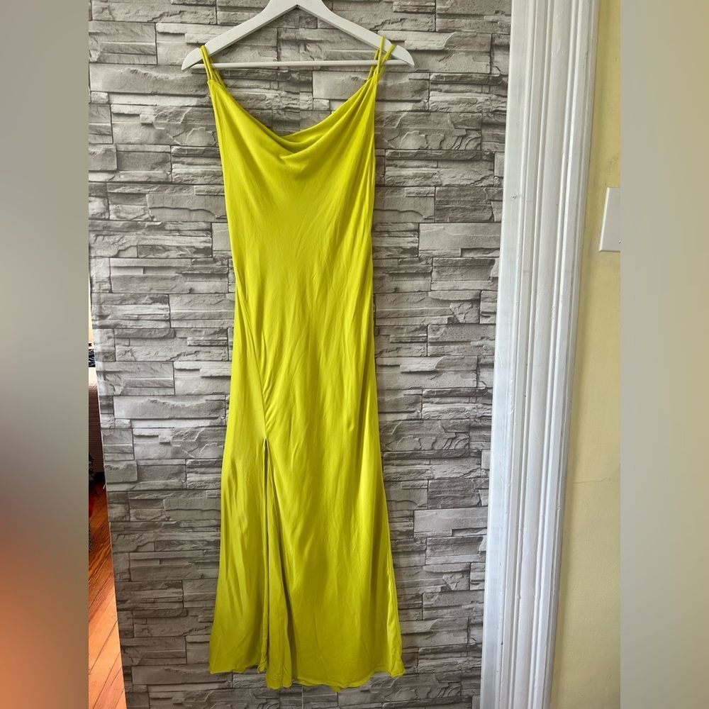 Zara || Neón Green Yellow Sheath Strap Cowl Neck Maxi Slit Dress Small